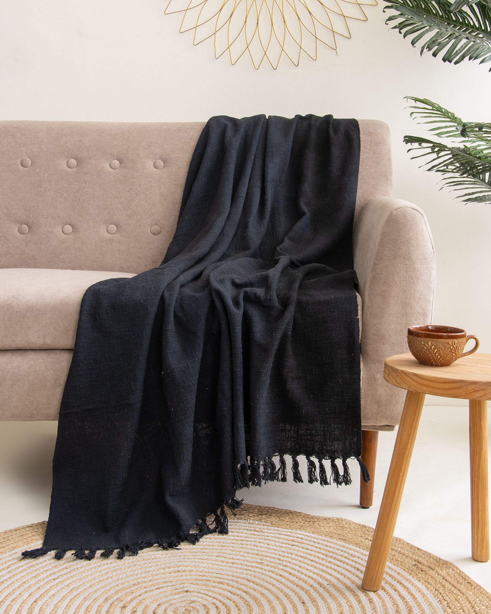 Premium Soft Black Cotton Solid Throw For Sofa